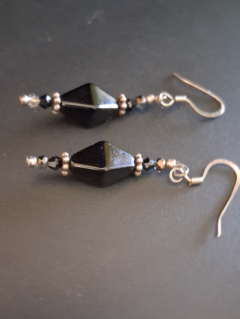 Black Faceted Onyx & Crystal Bead Drop Earrings